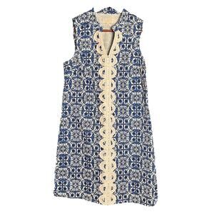 Mud Pie Sleeveless Embroidered Blue Paisley Shift Dress Cotton Stretch Medium